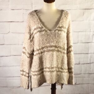 Free People Textured Crewneck Oversized Sweater in Cream and Tan